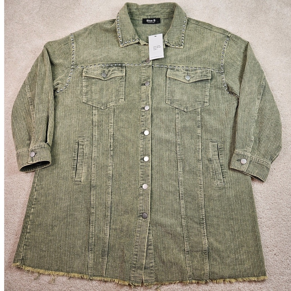 NWTs Womens L Blue B Studded Fringe Corduroy Olive Western Cowgirl Shacket Rodeo